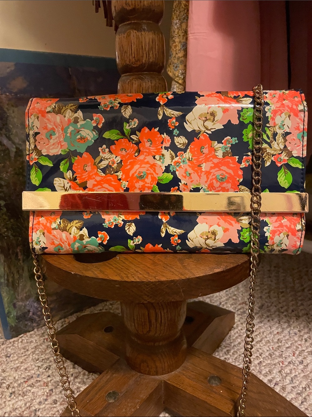 Steve Madden Floral Navy and Coral Chain Clutch/Crossbody